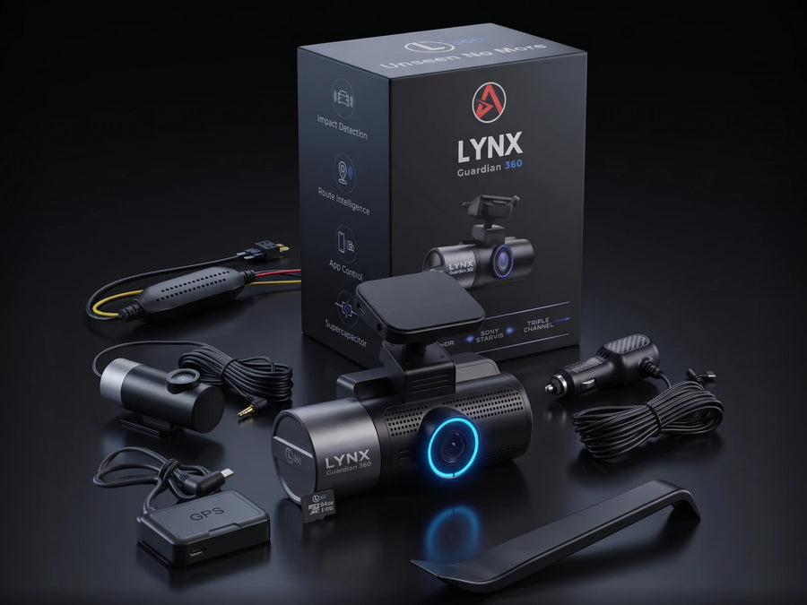 LYNX Guardian 360 with the retail box, hardwire kit, GPS antenna, rear camera, car charger, cables, 64GB card and trim tool