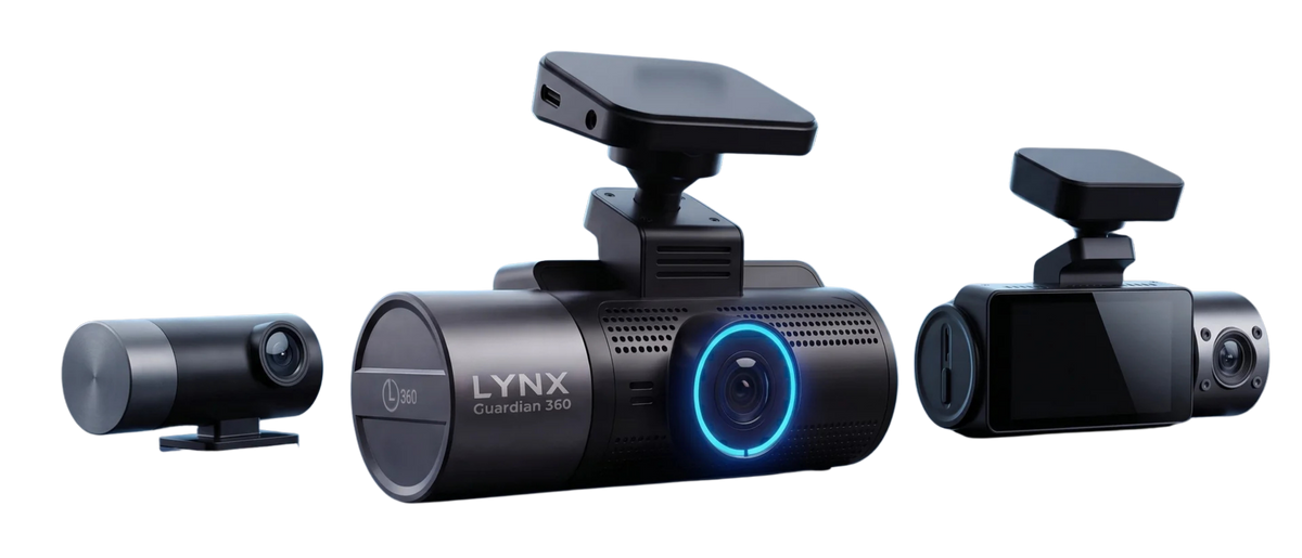 LYNX Guardian 360 triple-channel 4K dash cam with front, rear, and cabin cameras