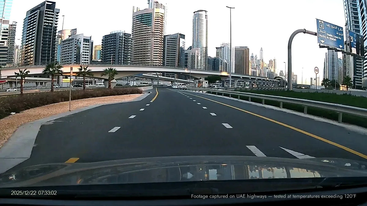 The view through the windshield on a morning drive, recorded by a LYNX Guardian 360.