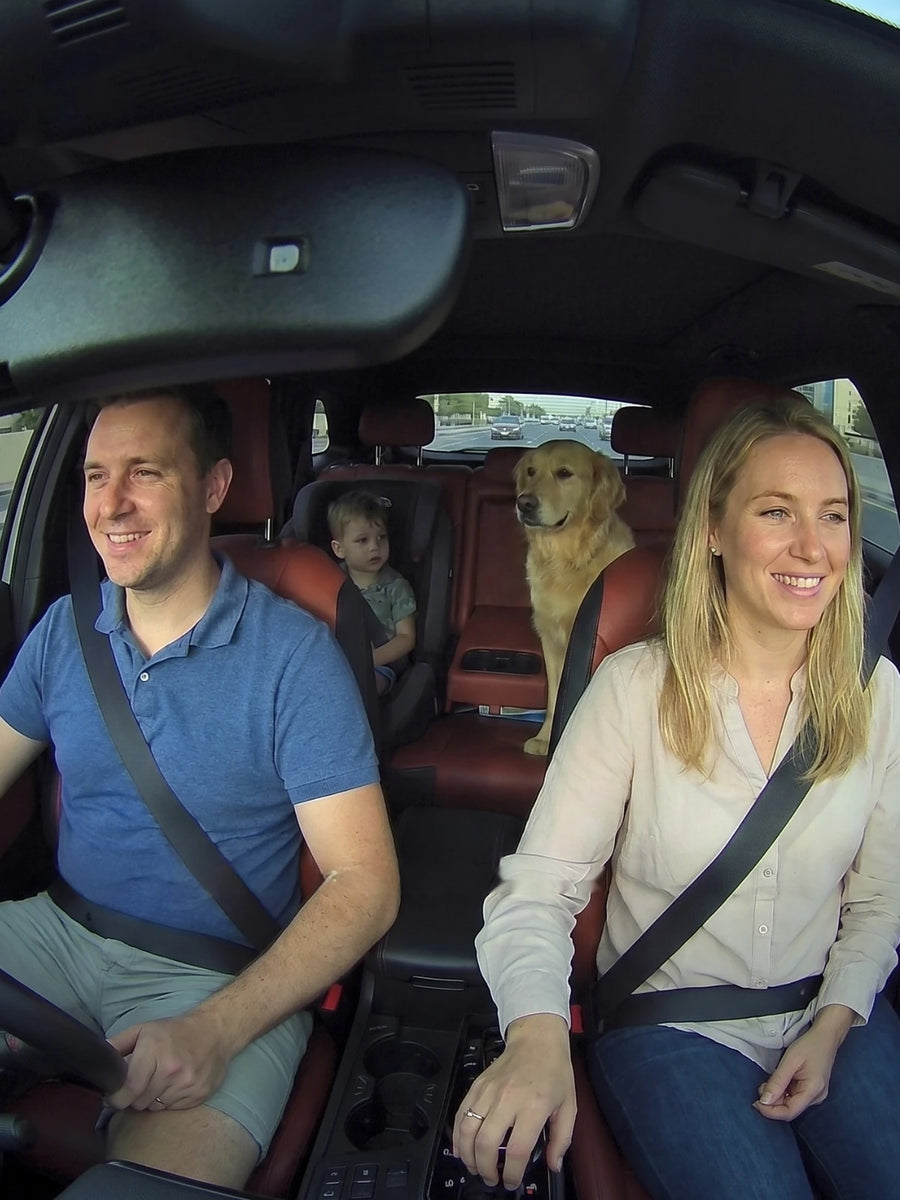 A family on a drive — two adults in the front seats, a toddler in a rear child seat, and a golden retriever standing between them.