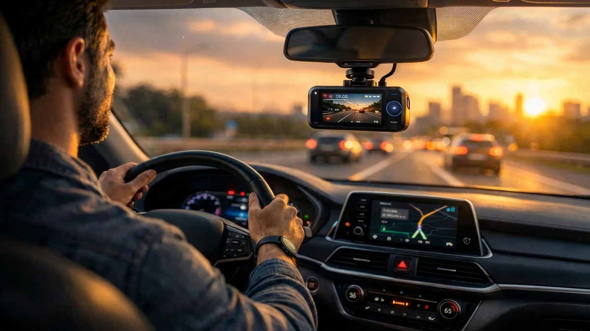 Driver's view at sunset: a dash cam mounted below the rear-view mirror recording the highway ahead