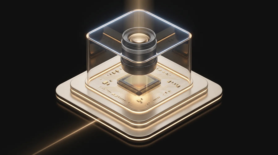 Cutaway render of the vision system — a camera lens seated over an image sensor on a gold circuit board beneath a glass cover.