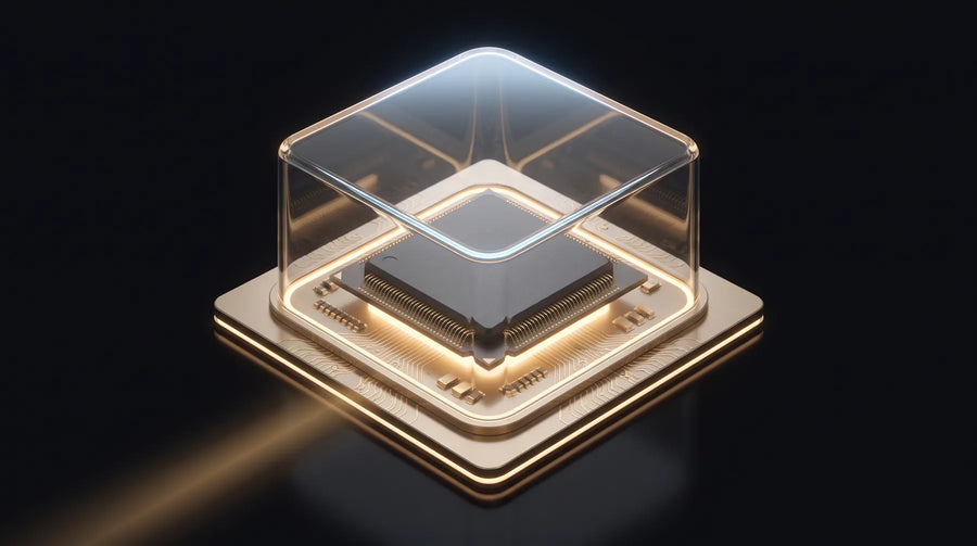 Cutaway render of the compute core — the processor chip mounted on a gold circuit board beneath a glass cover.