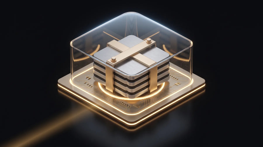 Cutaway render of the power architecture — stacked supercapacitor cells clamped in a gold frame beneath a glass cover.