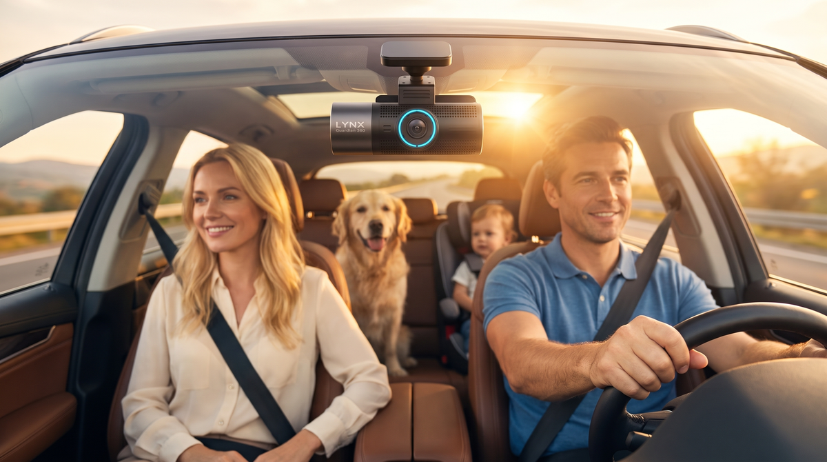 The interior of a family car at golden hour on an ordinary drive, recorded by a LYNX Guardian 360