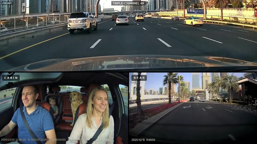 Three LYNX channels side by side — the front lens on a Dubai motorway, the cabin lens on the family inside, and the rear lens on the vehicle behind.