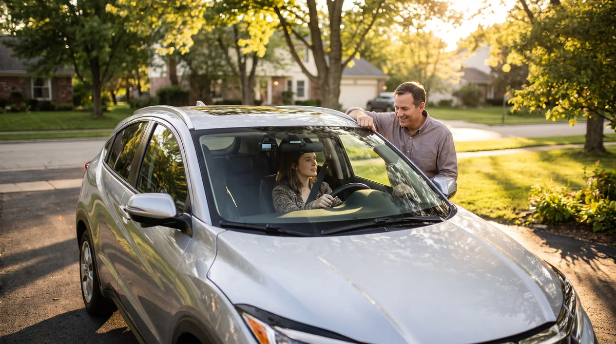 A newly licensed driver at the wheel of a parked family car in a suburban driveway, her father standing at the open window after handing over the keys, a dash cam mounted behind the mirror