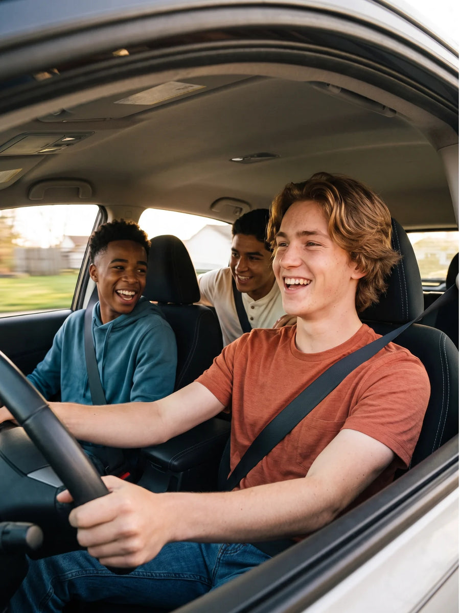 A teenage driver at the wheel of a car.