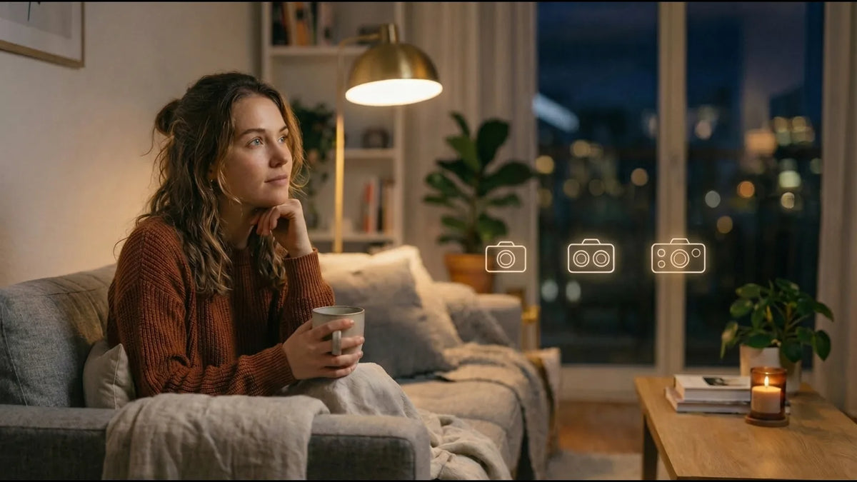 A woman on a sofa in the evening, thinking, with three outlined camera icons beside her: one lens, two lenses, three lenses